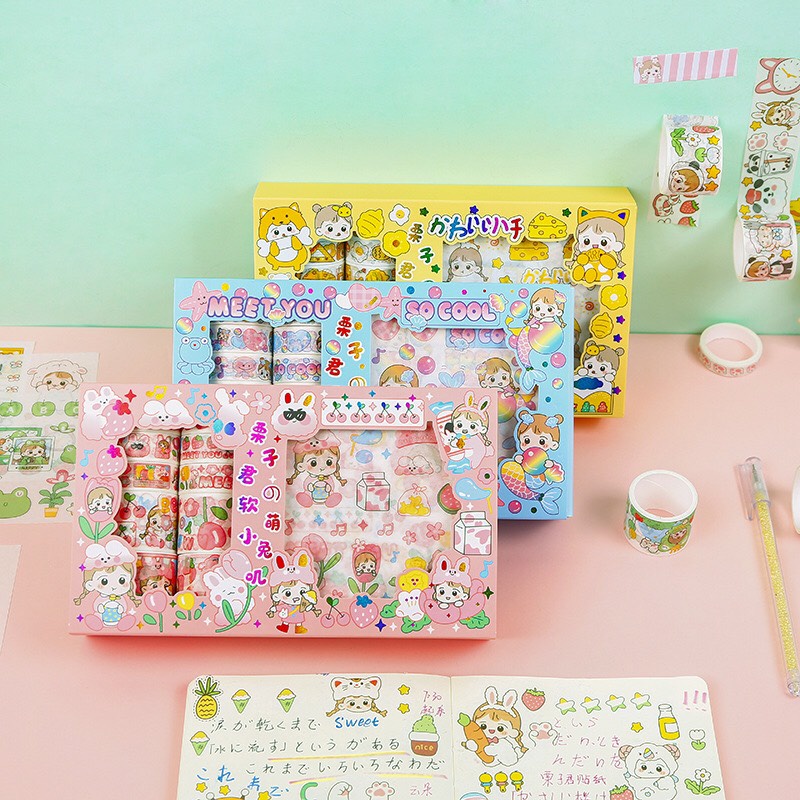 Hộp sticker cute washi tape băng keo trang trí sổ tay set 10 cuộn washi 10 sicker hình dán chống nước dễ thương