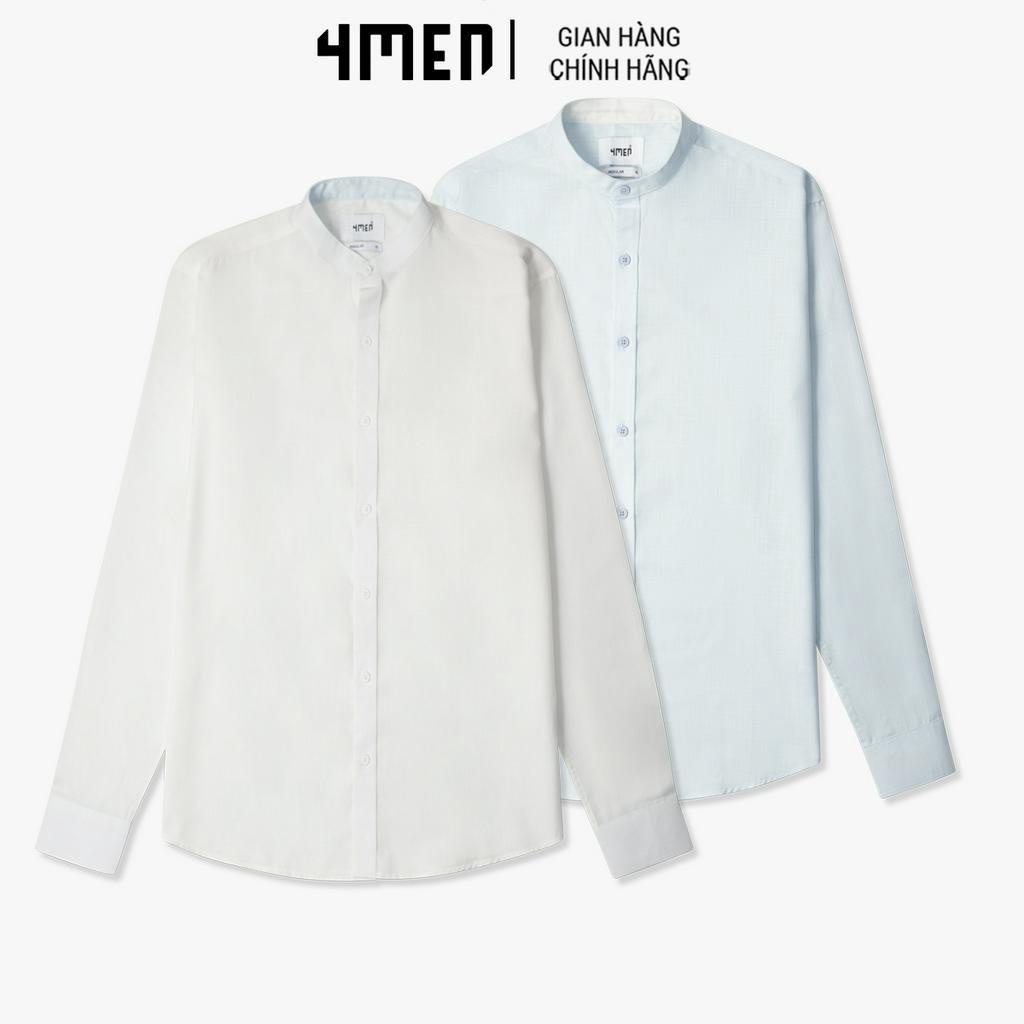 Áo Sơ Mi Nam Linen Cổ Trụ Form Regular 4MEN SM132 suông, đứng form, vải mềm mại, thấm mồ hôi, thoáng mát, thanh lịch