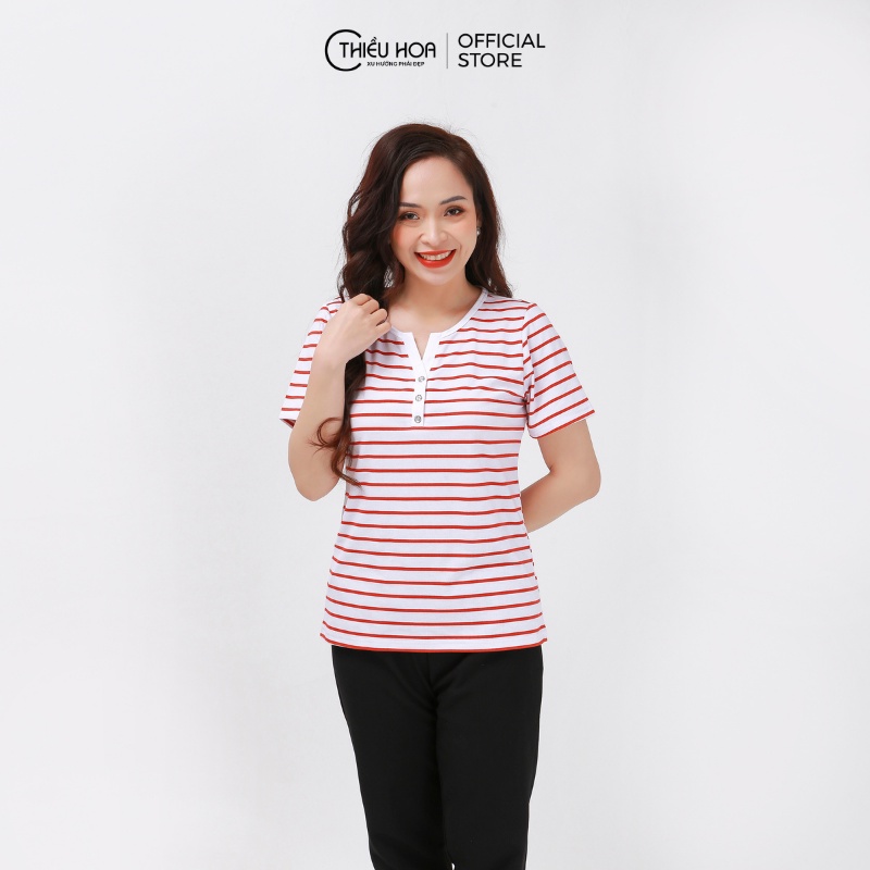 Áo thun nữ tay ngắn đẹp, cổ V họa tiết sọc ngang, chất liệu cotton  mát Thương hiệu Thiều Hoa AN1N0408