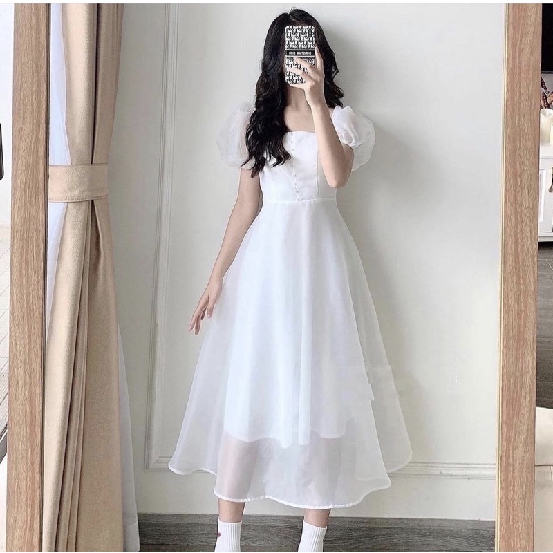 ĐẦM-VÁY TRẮNG TAY VOAN CÚC NGỰC 2 LỚP DÁNG XOÈ CÔNG CHÚA