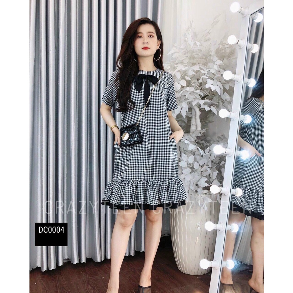 Đầm caro dáng xuông đuôi cá bèo cột nơ cổ đen, đầm tiểu thư tay ngắn bèo mặc nhà đi chơi dễ thương