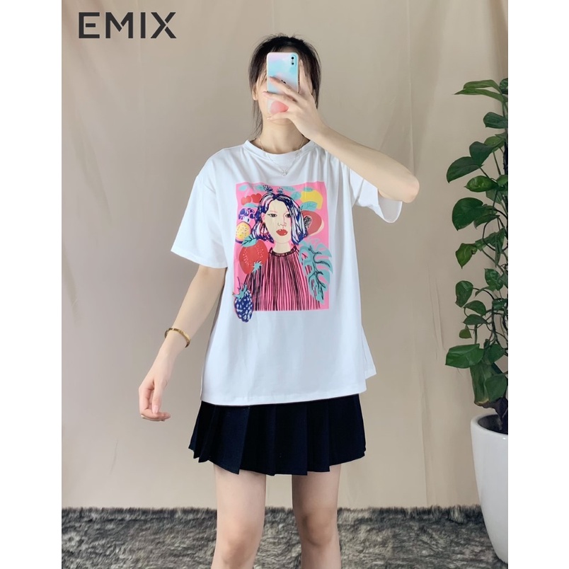 Áo phông nữ in hình cô gái EMIX (3 màu), cực xinh, form đẹp, tay lỡ, in ép nhiệt CHỐNG BONG, chất Cotton 4 chiều co giãn