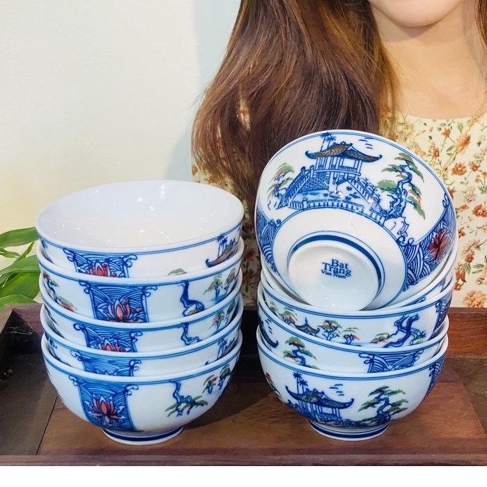 Bộ 10 Bát Ăn Men Lam Bát Tràng Hoạ Tiết Phong Cảnh Hà Nội-Bát Tràng Bảo Khánh