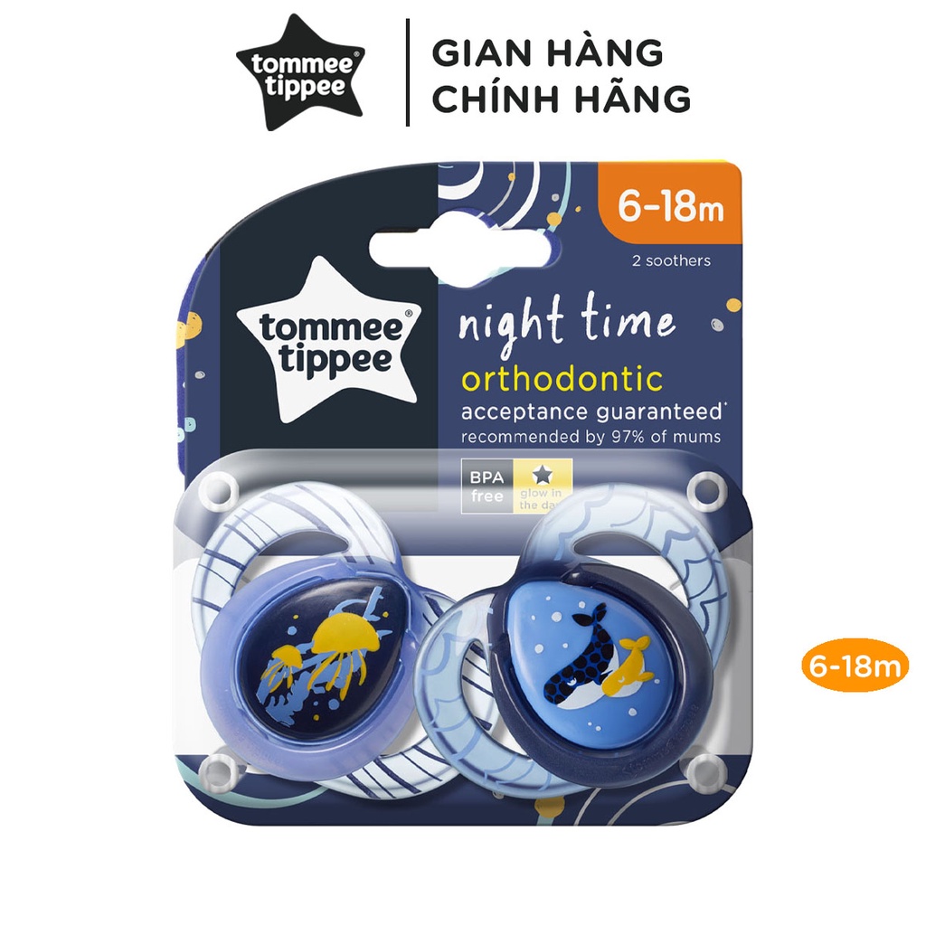 Ty ngậm dạ quang cho bé Tommee Tippee 6-18 tháng (vỉ 2 cái) - Night Time - Cá Voi