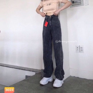 Quần bò ống rộng màu xám khói may gấu dáng dài có size