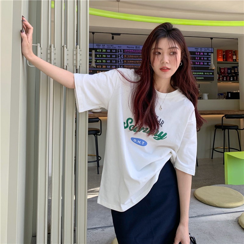SUXI Áo Thun Tay Ngắn Dáng Rộng In Chữ Tương Phản Đơn Giản Thời Trang Mùa Hè Dễ Phối Đồ
