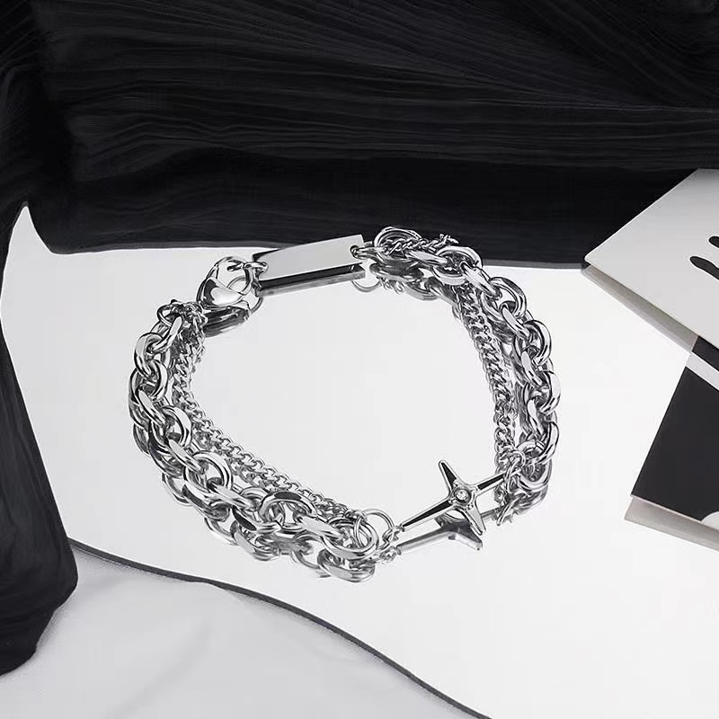Vòng Tay Hai Lớp Bằng Thép Titan Màu Bạc Phong Cách Hip Hop Thời Trang Cho Nam Và Nữ