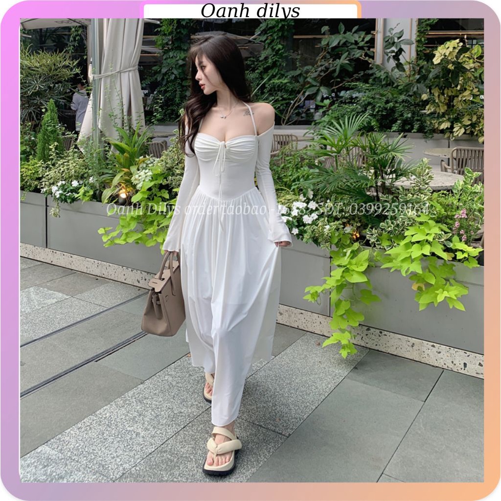 Váy thun trễ vai tay dày, đầm thun dài tay dáng xòe màu trắng hàng order taobao nhà Oanhdilys