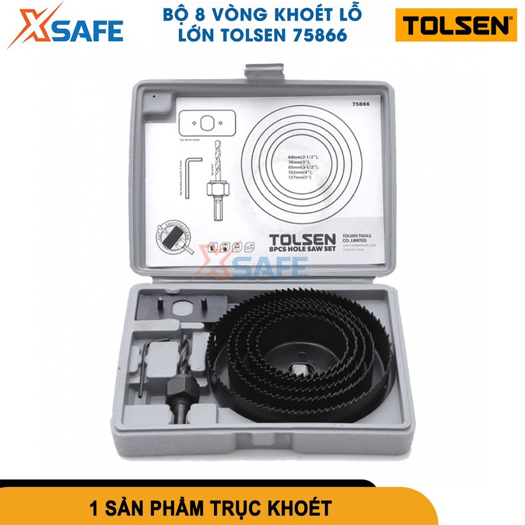 Bộ 8 vòng khoét lỗ lớn Tolsen 75866, chất liệu hợp kim thép size 64mm, 76mm,89mm,102mm,127mm, bền bĩ, đầu khoét cứng cáp