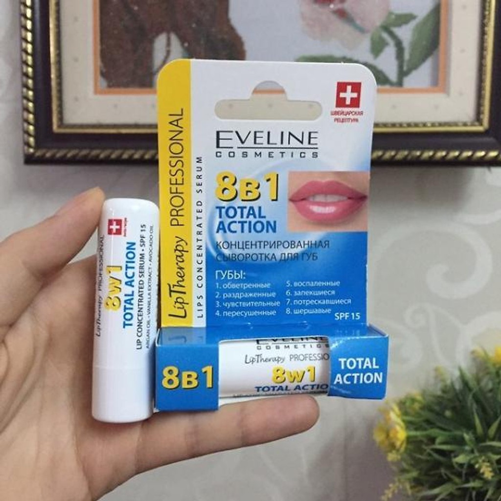 {CHÍNH HÃNG NGA} Son Dưỡng Môi Chống Nắng SPF15 Eveline 8B1 Total Action Lips Concentrated