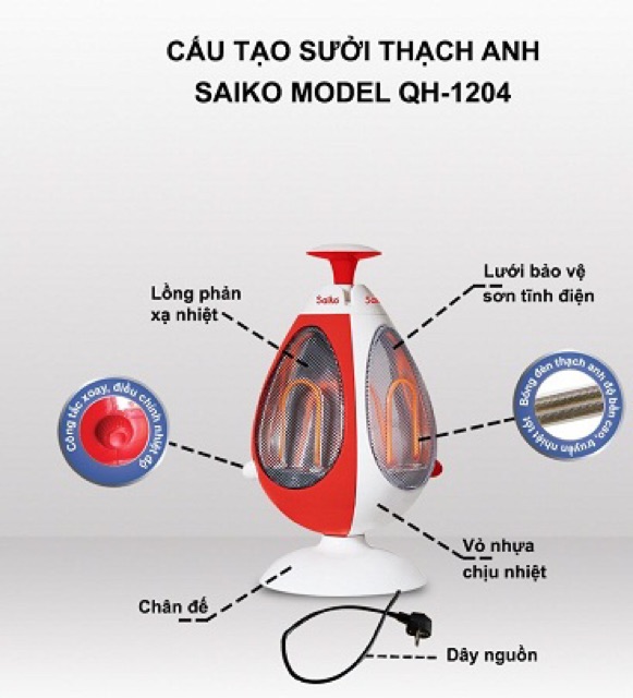 Đèn sưởi thạch anh Saiko QH-1204 Bảo hành 18 tháng