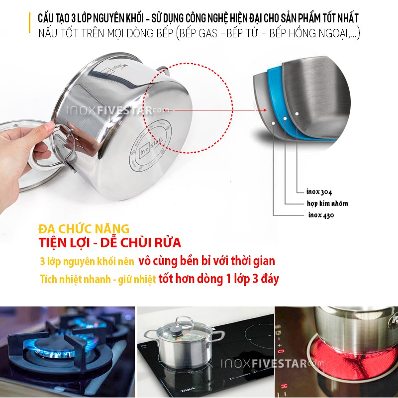 Bộ nồi 3 lớp đáy liền inox 304 Fivestar Plus quai oval nắp kính , tặng 1 vá canh