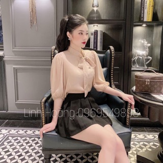 ÁO SƠ MI NỮ NÂU ĐẤT CỔ NƠ KHUY BỌC