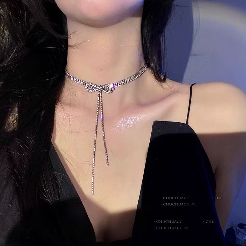 Choker nạm đá hình nơ Trang sức phụ kiện dự lễ lấp lánh sang trọng