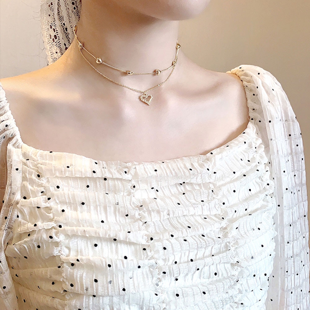 【COD】Vòng Cổ Choker Nhiều Lớp Đính Đá Hình Trái Tim Đơn Giản