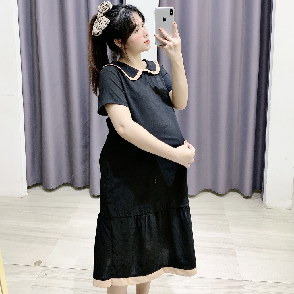 Váy bầu cộc tay mùa hè chất đũi mềm mát, có cổ - 𝐕𝟏𝟎𝟓