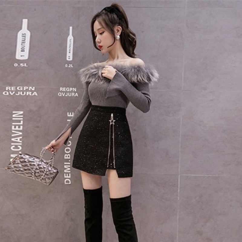 Chân váy dạ kéo khoá phong cách Hàn Quốc