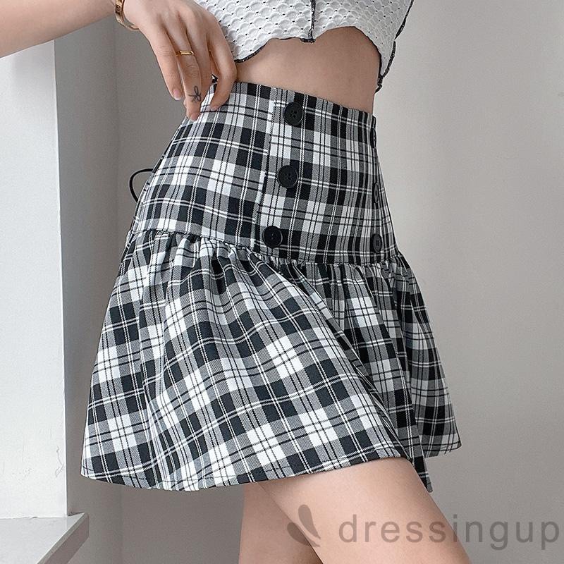 Chân Chân Váy Chữ A Lưng Cao Màu Trắng Đen Phong Cách Harajuku Cho Nữ