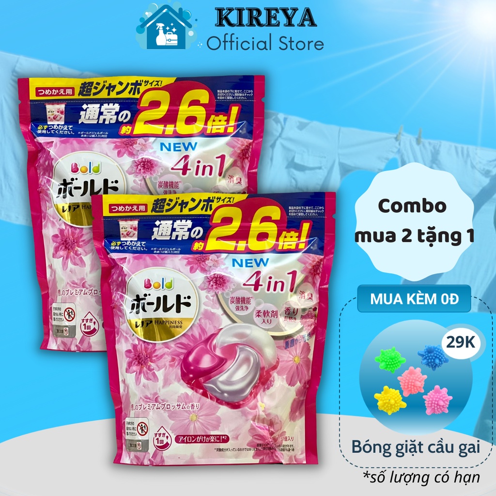 Combo 2 túi viên giặt xả Gel Ball Bold 4D túi 31 viên màu hồng kireya