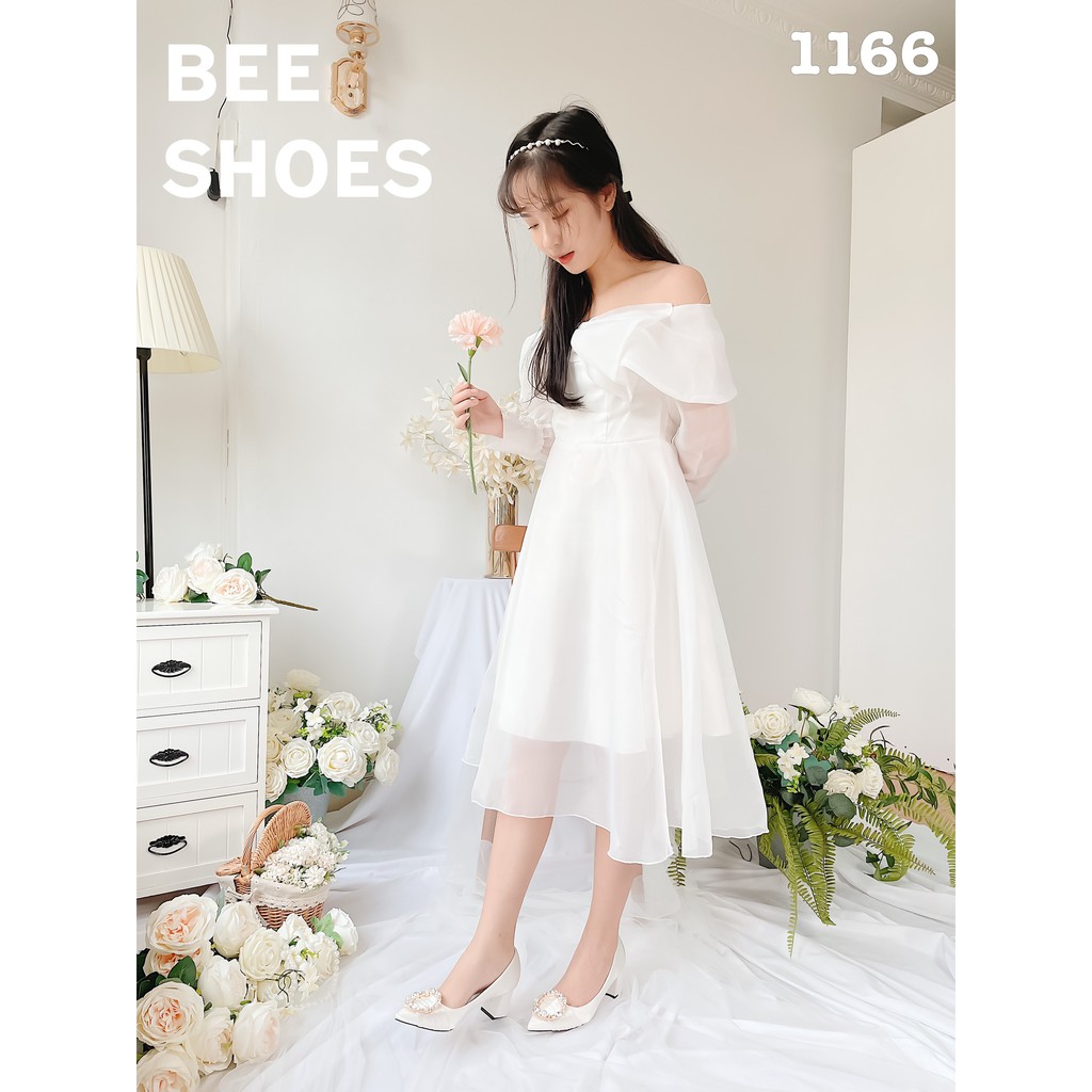 BEESHOES - GIÀY CAO GÓT NỮ MŨI NHỌN HỌA TIẾT ĐÁ TRÒN NGỌC - GIÀY CAO GÓT NỮ GÓT VUÔNG CAO 5 PHÂN SẴN MÀU TRẮNG 201166