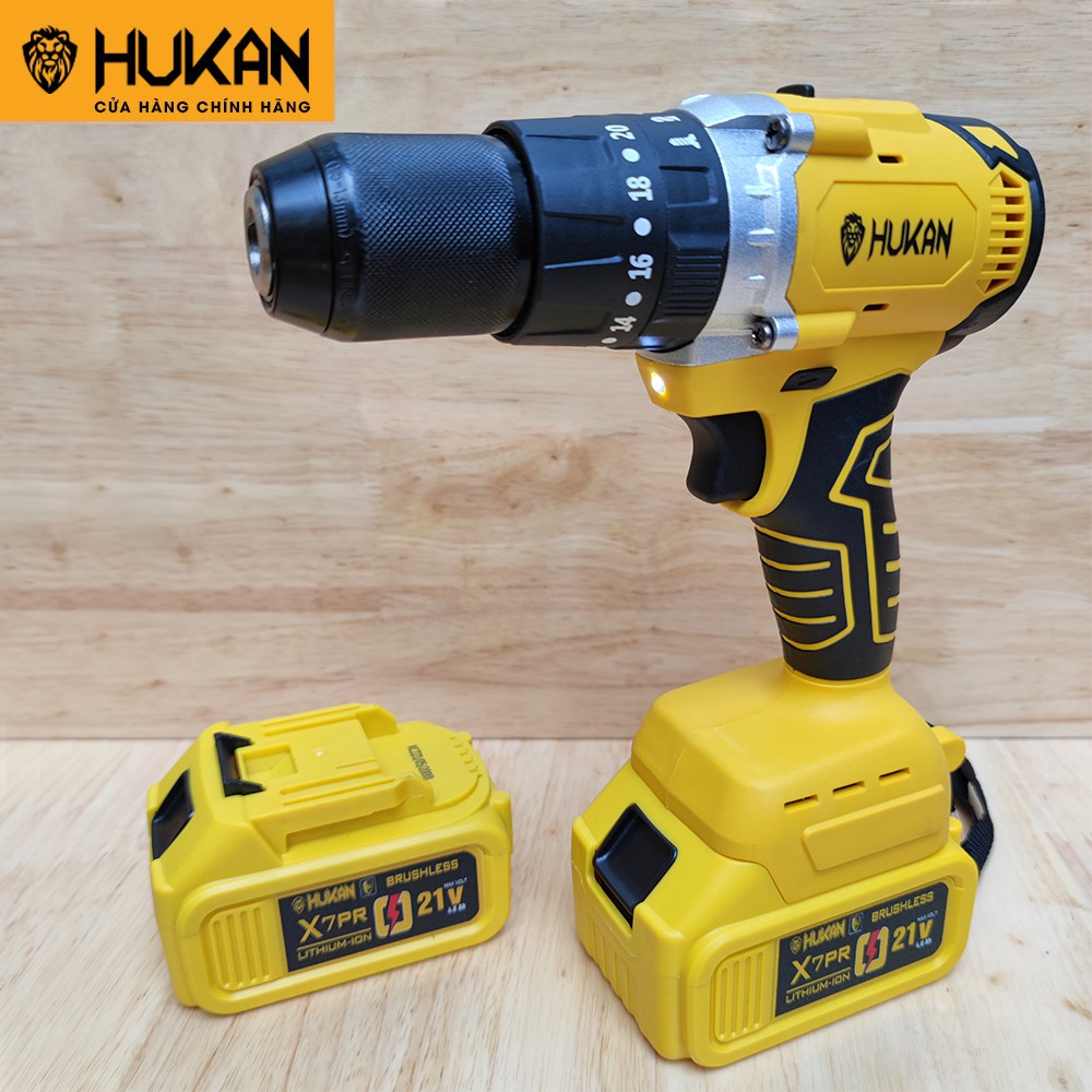 Máy khoan pin HUKAN X7 Pro không chổi than đầu kẹp 13 ly pin 21V 10cell tặng kèm 4 mũi khoan máy