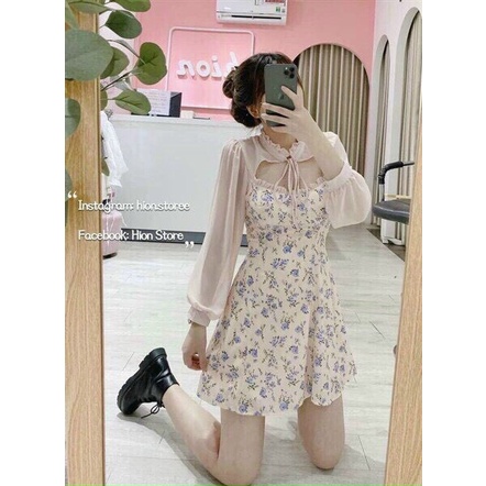[ Miễn phi ship 2022 ] Đầm hoa hở cột dây cổ phối tay voan, đầm nhí dài tay  xinh xắn phong cách hàn quốc