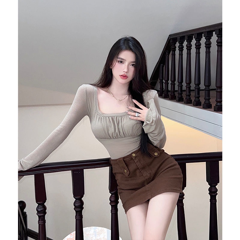 COZOK Áo Thun Tay Dài Cổ Vuông Dáng Ôm Thời Trang Quyến Rũ Cho Nữ