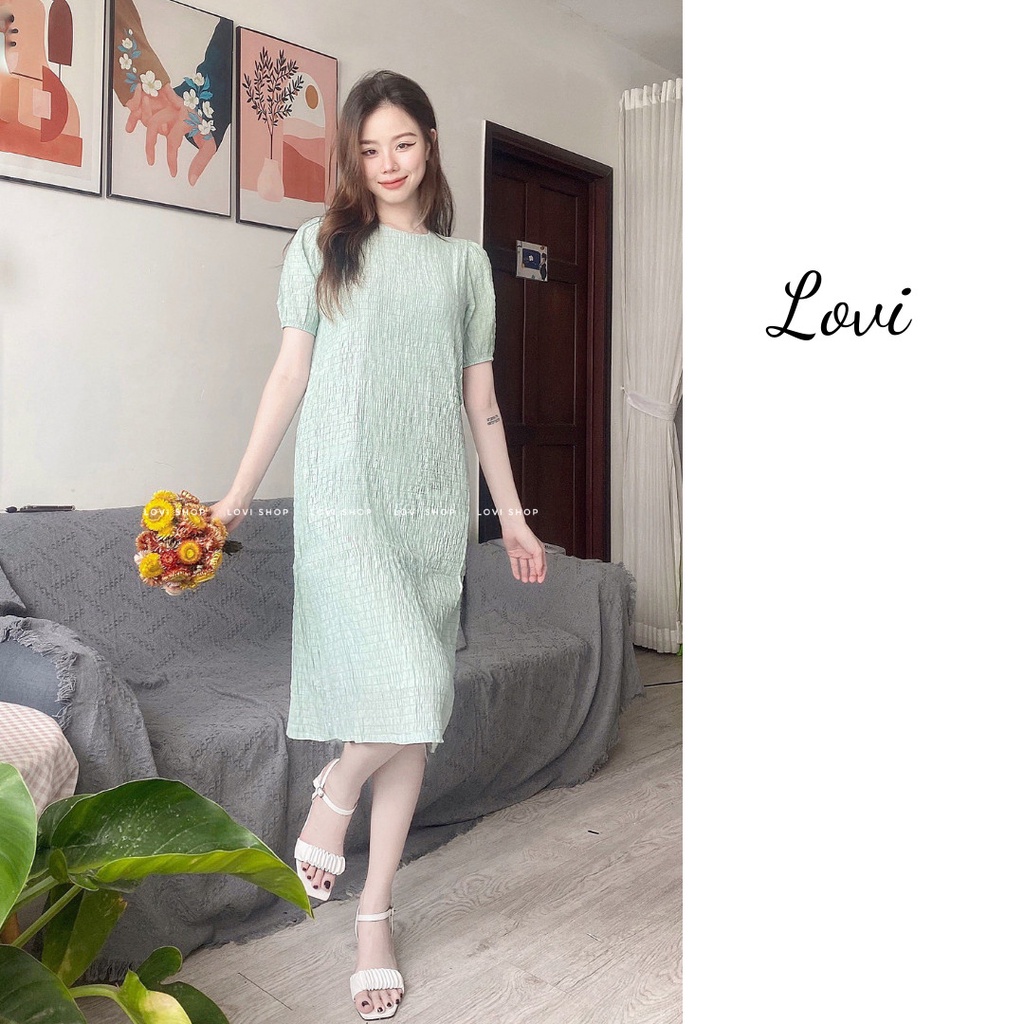 Váy/Đầm xô nhún cổ tròn phong cách vintage LOVI