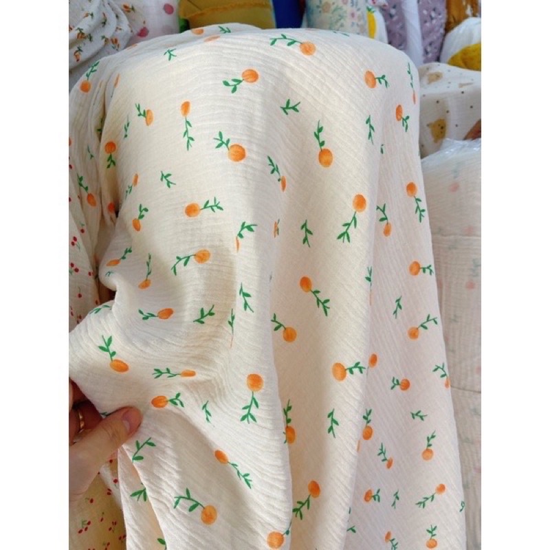 vải xô muslin hình quả quýt cam nền be siêu hot