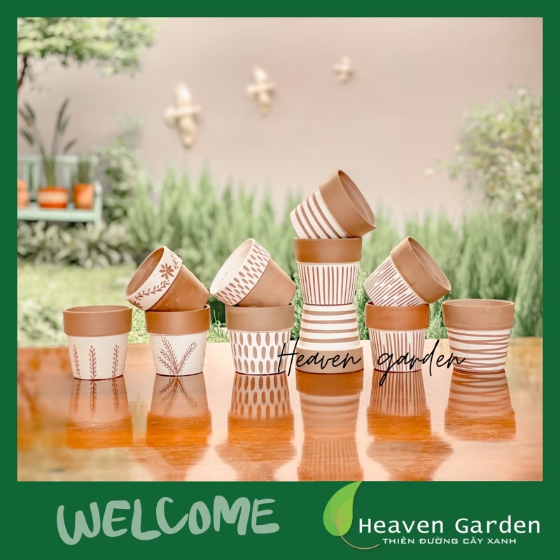 Chậu đất nung sơn vintage hoa văn 13x13cm