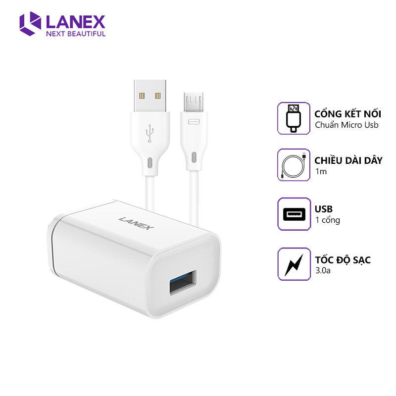 Bộ sạc nhanh Lanex LCK-03CM 1 cổng USB QC3.0 18W, dài 1m, cáp Micro Usb, tương thích thiết bị Android