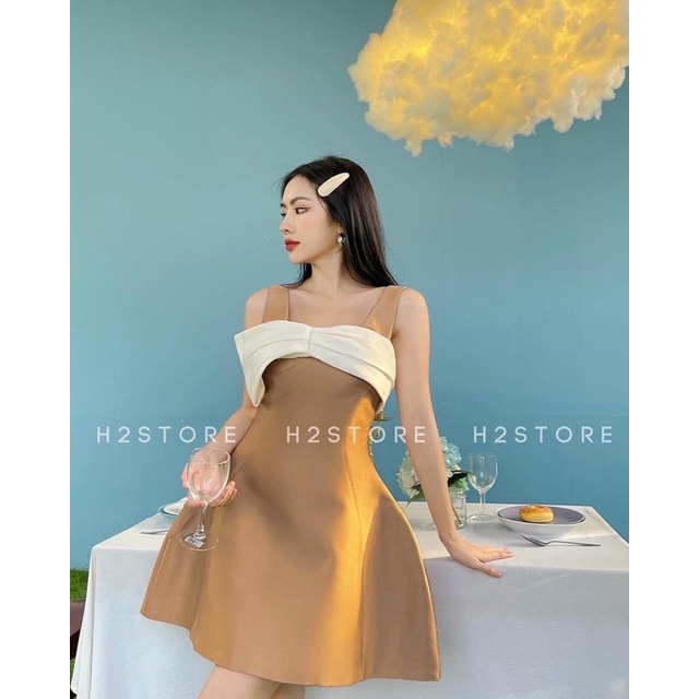 Đầm xoè 2 dây nơ xếp ly ngực