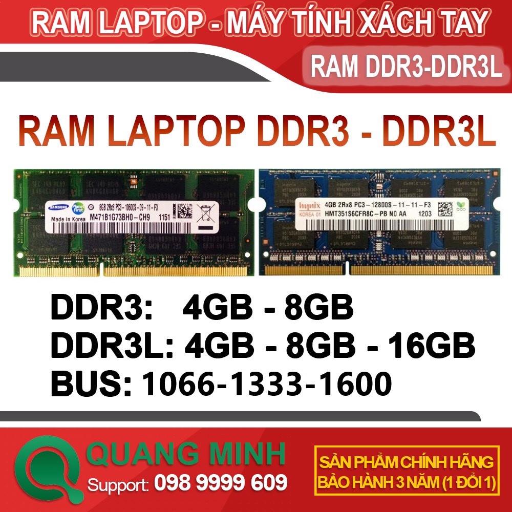 Ram Laptop DDR3 (PC3) 4Gb 8Gb Bus 1066/1333/1600 hàng tháo máy zin, Bảo Hành 3 Năm