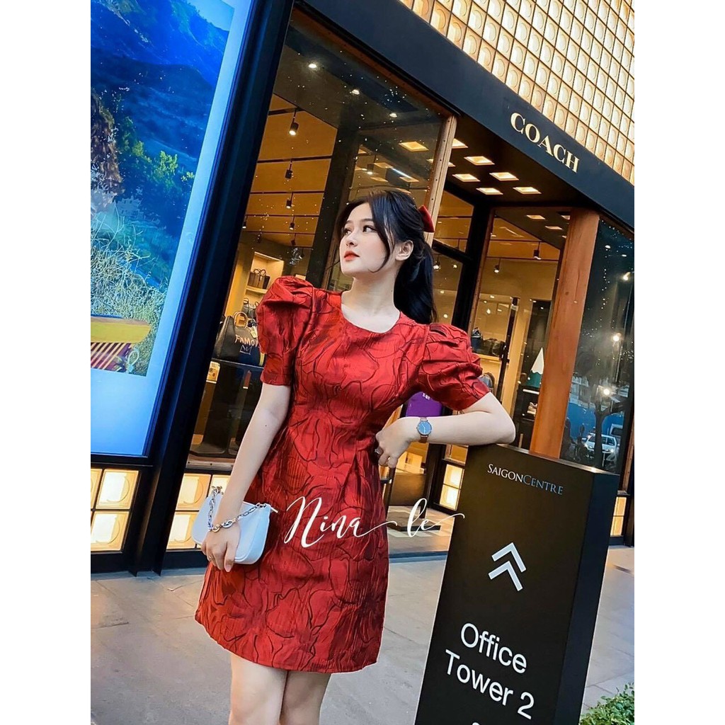 đầm xòe gấm cao cấp tay phồng