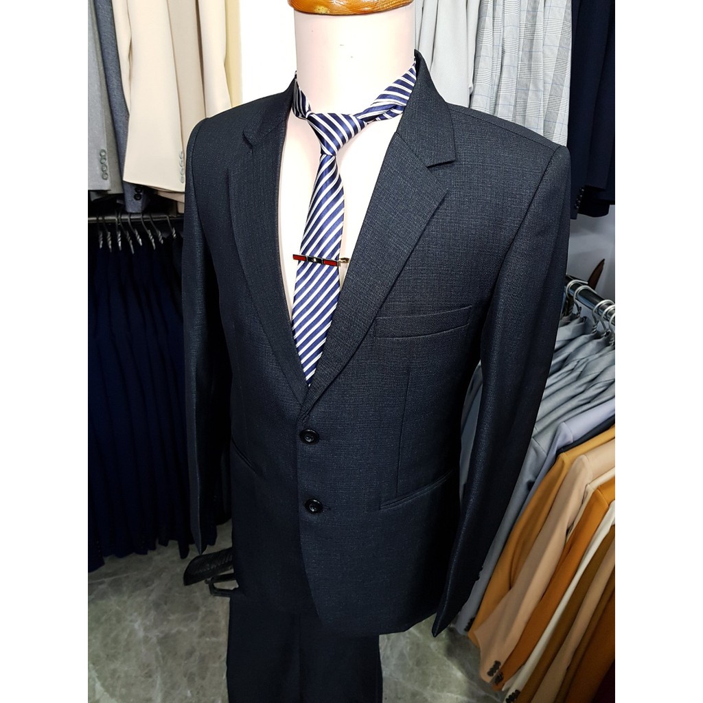 Bộ vest nam 2 nút form suông màu xanh đậm sọc nhuyễn chất liệu vải nhập cao cấp dày mịn
