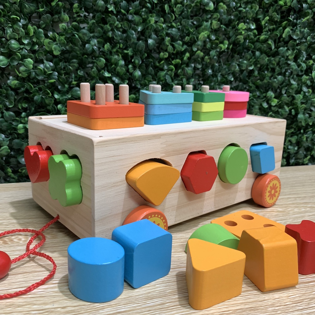 Đồ Chơi Xe Kéo Thả Hình Khối Nhiều Màu Sắc Giáo Cụ Montessori Luyện Trí Thông Minh Của Bé Yêu