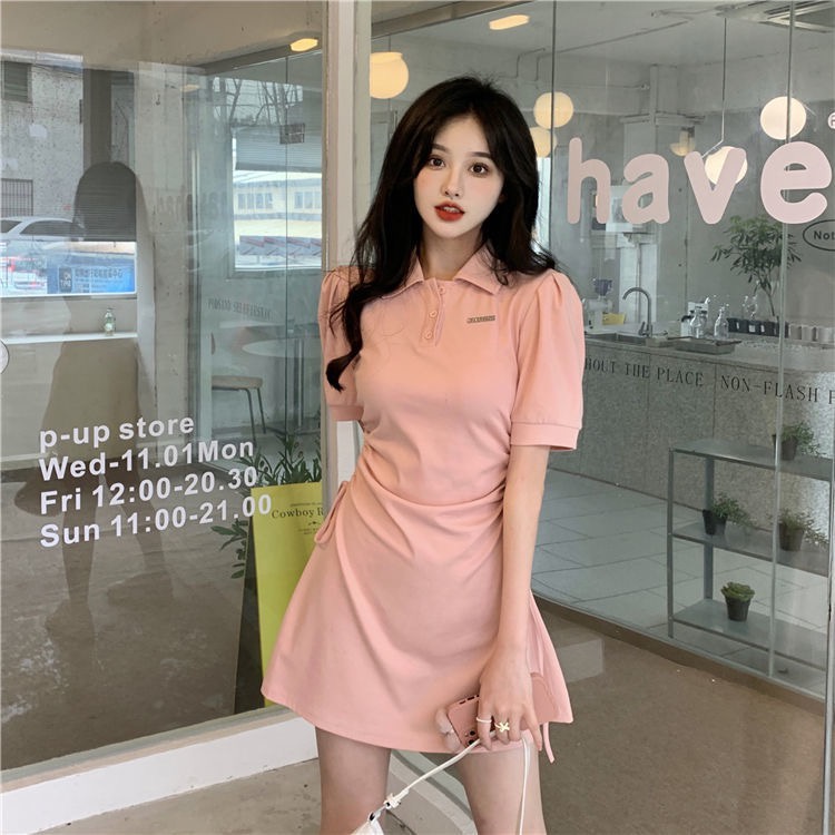 Porozi  Đầm tay ngắn  cổ bẻ chiết eo phong cách Hàn Quốc xinh xắn cho nữ