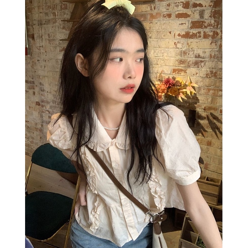 Áo Sơ Mi Tay Ngắn Phồng Cổ Búp Bê Họa Tiết Sọc Caro Phong Cách Pháp Cho Nữ