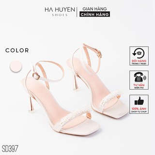 Giày cao gót nữ HÀ HUYỀN lụa quai ngọc khóa cài cổ gót nhọn 9 phân - SD397