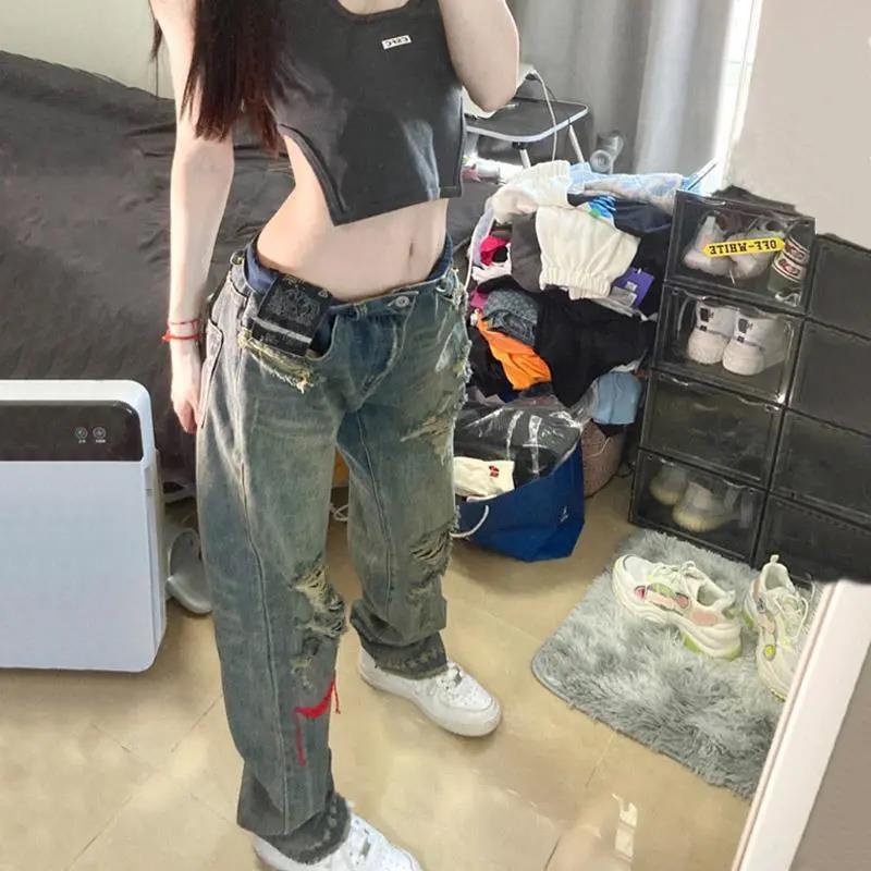 Quần jean dài phối rách phong cách hip hop đường phố thời trang retro cho nữ