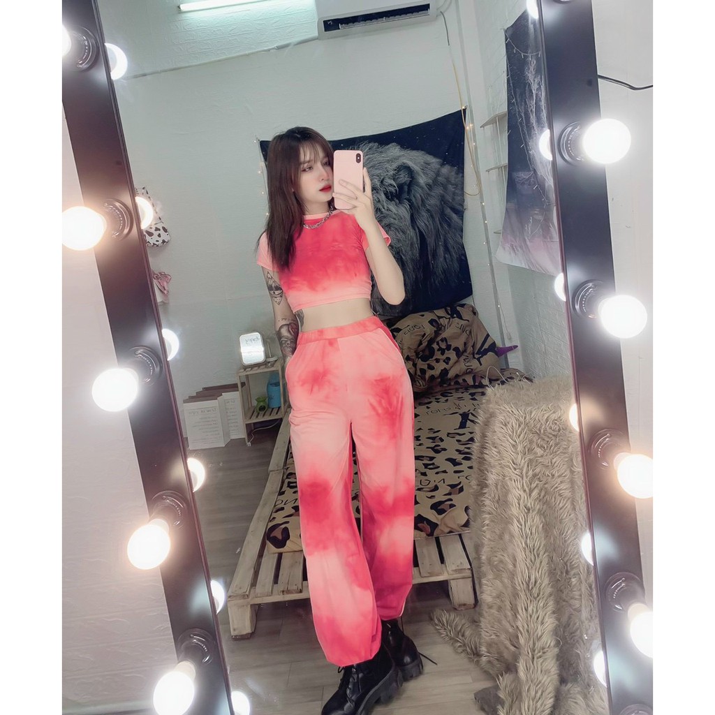 Sét bộ áo croptop phối quần dài bo ống phối màu loang trơn cực xinh , chất thun coton mềm mịn