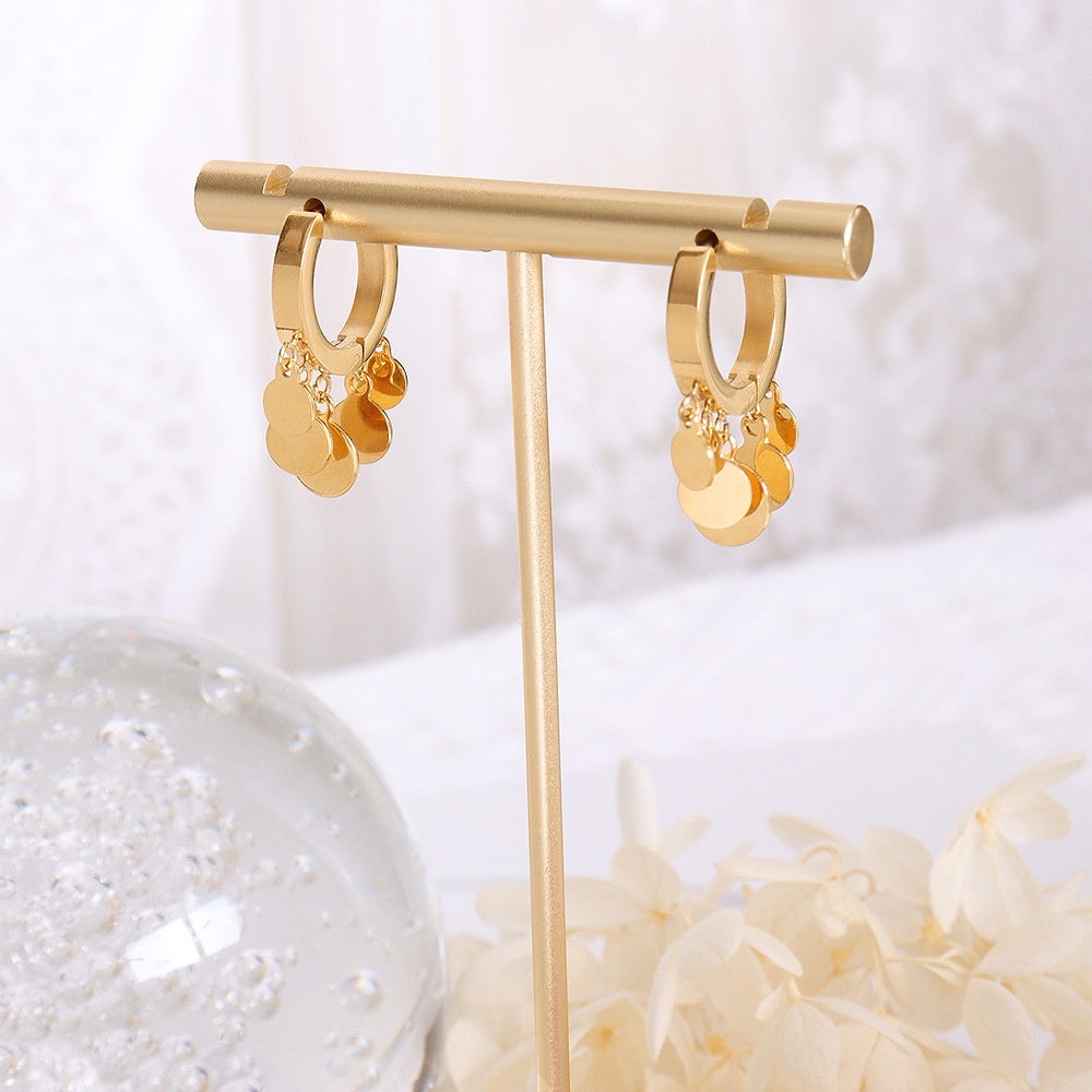 Bông tai thép titan mạ vàng 18K hình đĩa tròn đơn giản phong cách Hàn Quốc