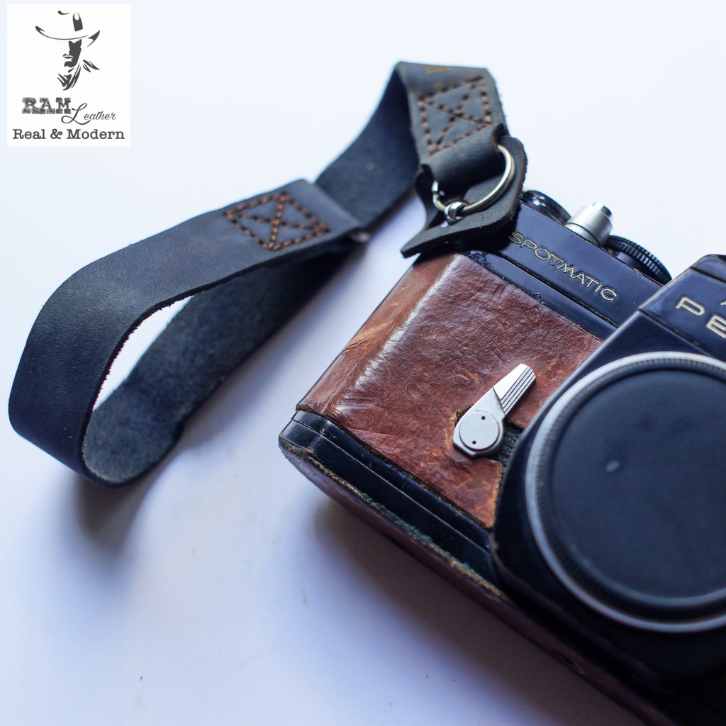 Dây máy ảnh vintage RAM Leather Handstraps đeo tay da bò thật da bò đen tuyền sang trọng