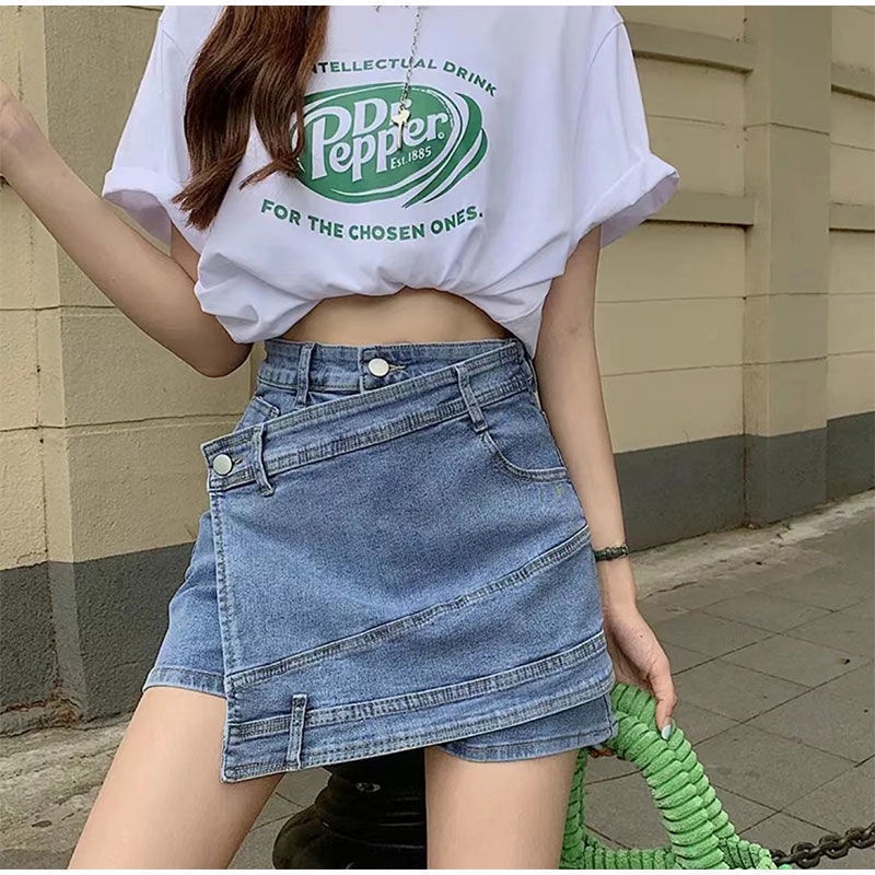 Quần Short Denim Lưng Cao Phối Kiểu Lệch Cá Tính Cho Nữ