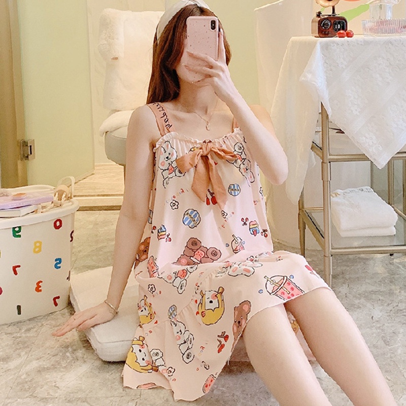 Brroa Đầm Ngủ Hai Dây Không Tay Phối Bèo In Họa Tiết Hoạt Hình Dễ Thương Thời Trang Mùa Hè Cho Nữ