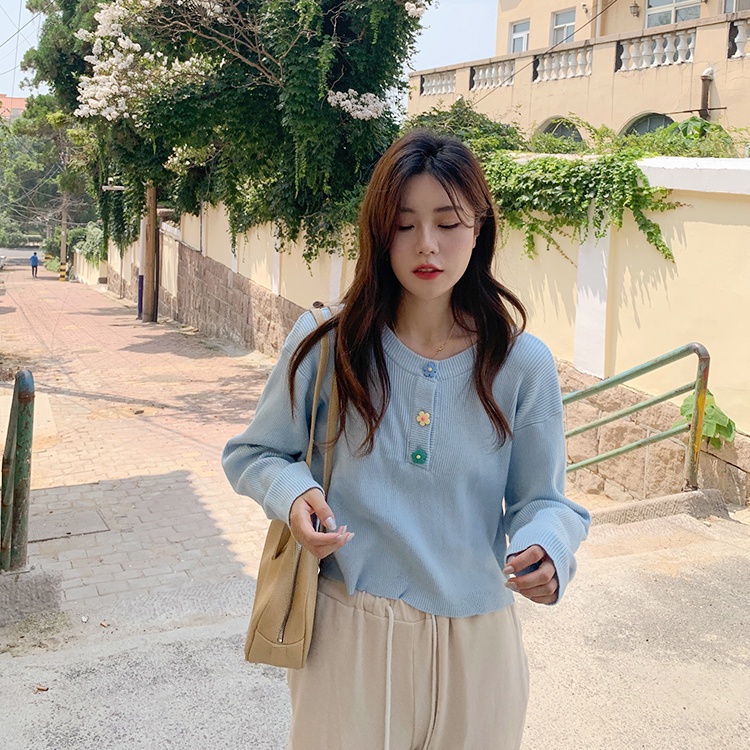 Porozi  Áo sweater tay dài in hoa phối nút phong cách Hàn Quốc cho nữ