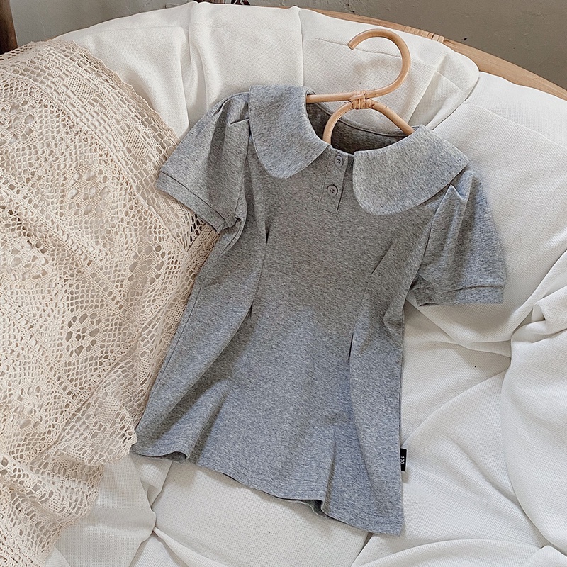 Đầm Cotton Ngắn Tay Cổ Búp Bê Phong Cách Hàn Quốc Cho Bé Gái