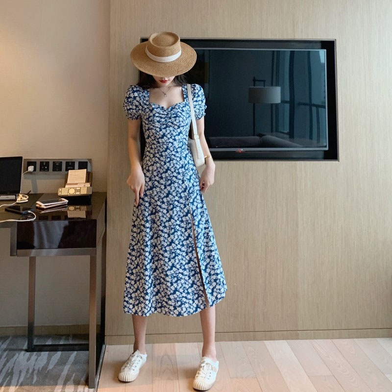 IELGYĐầm Hoa Cổ Vuông Dáng Ôm Xẻ Tà Phối Nút Thời Trang Hàn Quốc Cổ Điển