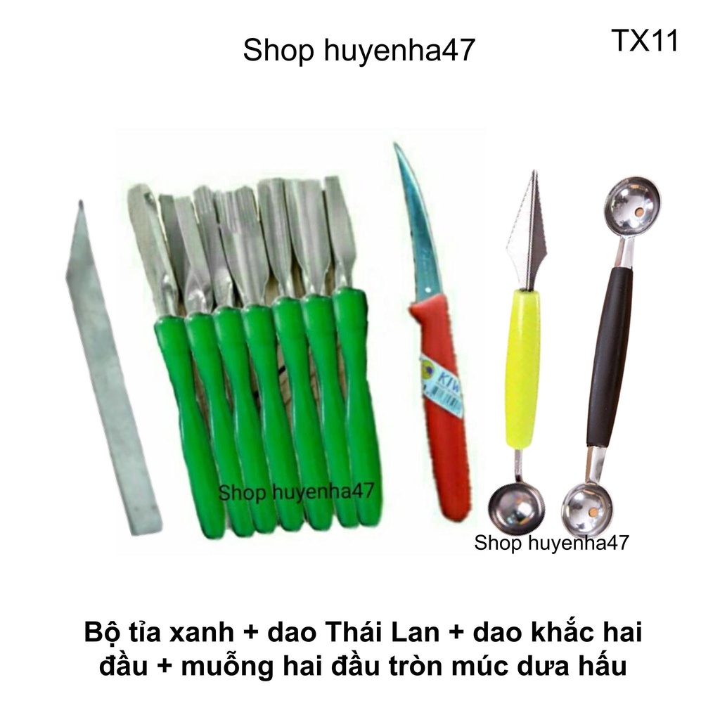 Bộ dao tỉa hoa quả chuôi nhựa xanh 11 chi tiết TX11 dao tỉa trái cây múc dưa hấu
