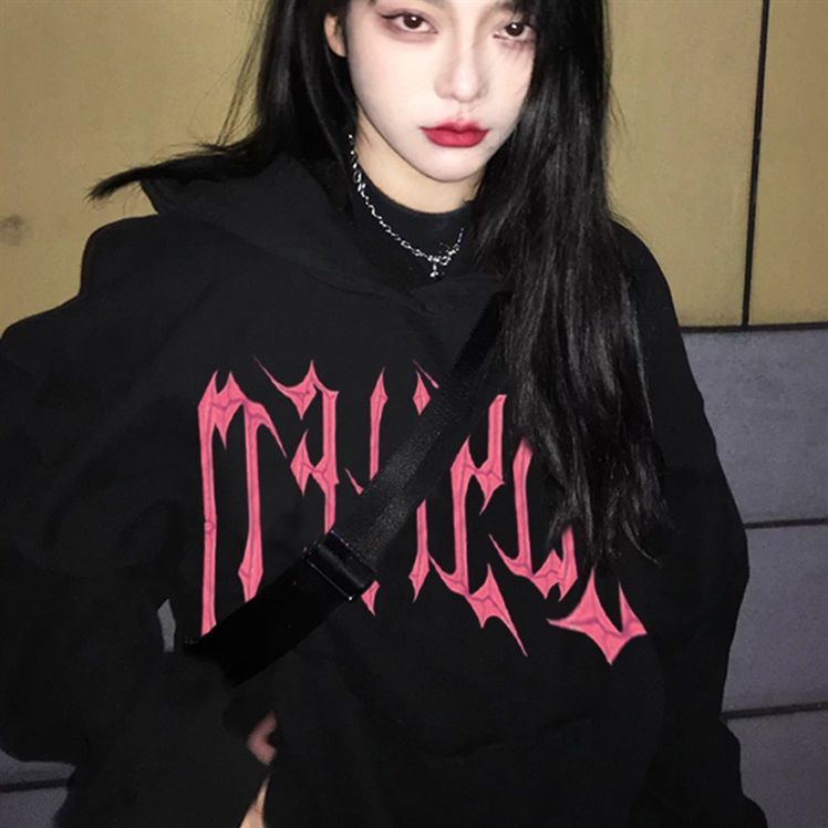 Áo hoodie dáng rộng phong cách đường phố Mỹ màu đen